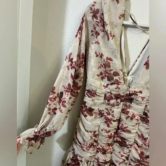 ASOS Floral red roses ruched body sheer mesh volume sleeves mini dress size 8 - Picture 5 of 7